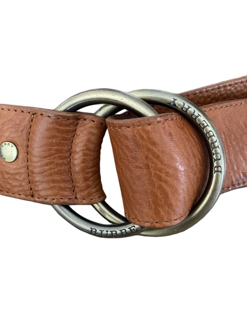 Burberry Double Ring Cognac Brown Pebbled Leather Belt size 40 Brass tone - Picture 2 of 7